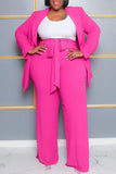 Aovica-Rose Red Casual Solid Cardigan Pants Turn-back Collar Plus Size Two Pieces