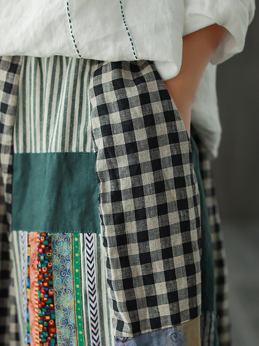 Aovica-Plus Size - Irregular Print Spliced Casual 100% Linen A-line Skirt