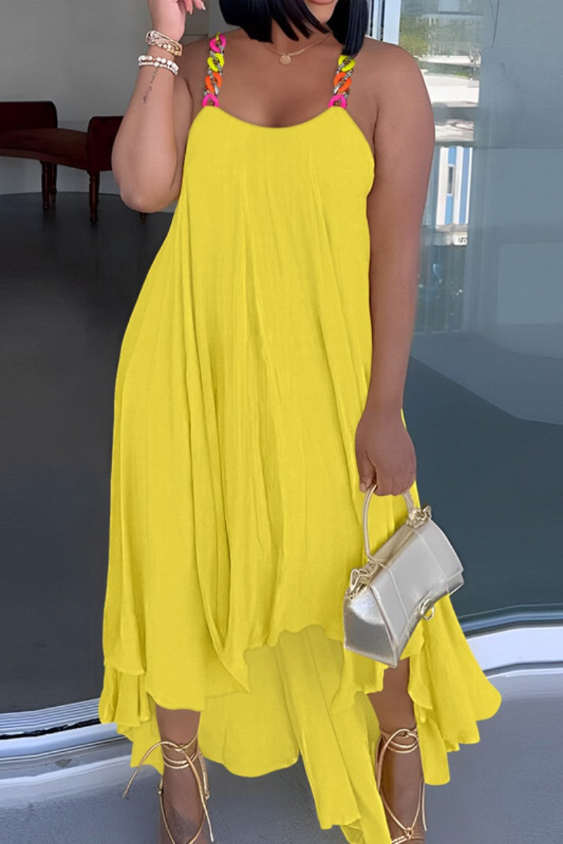 Yellow Casual Solid Asymmetrical Spaghetti Strap Long Dress Plus Size Dresses