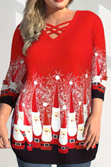 Aovica-Casual Print Santa Claus Basic V Neck Plus Size Tops