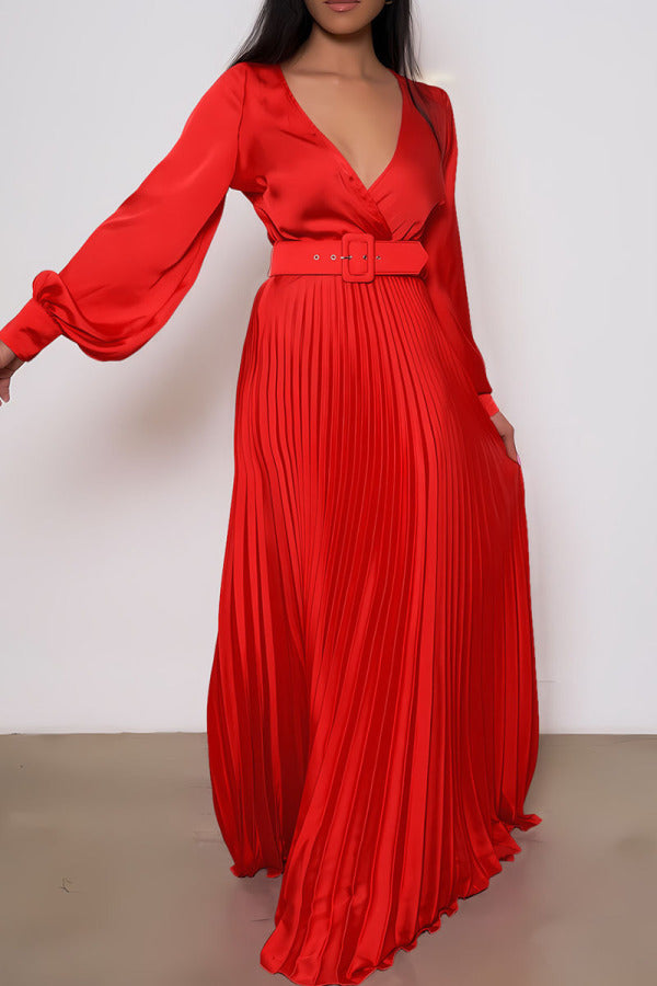 Aovica- Red Elegant Solid Patchwork With Belt Straight Dresses