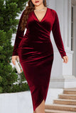 Green Casual Solid Patchwork V Neck Long Sleeve Plus Size Dresses