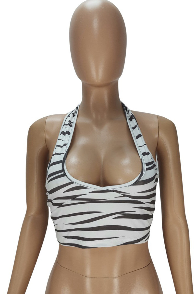Aovica- Black Sexy Casual Print Backless Halter Tops
