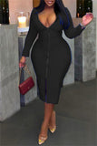 Aovica-Black Fashion Casual Solid Zipper V Neck Long Sleeve Plus Size Dresses