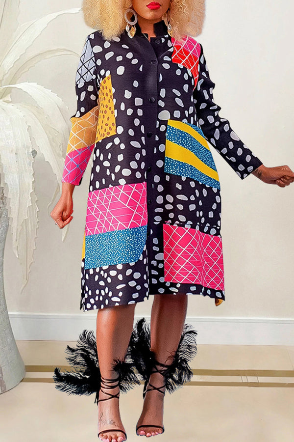 Aovica- Yellow Casual Print Patchwork Mandarin Collar Long Sleeve Dresses