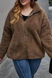 Coffee Casual Solid Patchwork Zipper Collar Plus Size Overcoat