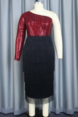 Aovica- Burgundy Sexy Party Formal Patchwork Tassel Sequins Backless Oblique Collar One Step Skirt Dresses