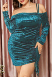 Aovica-Green Fashion Sexy Solid Bandage Draw String Off the Shoulder Long Sleeve Plus Size Dresses