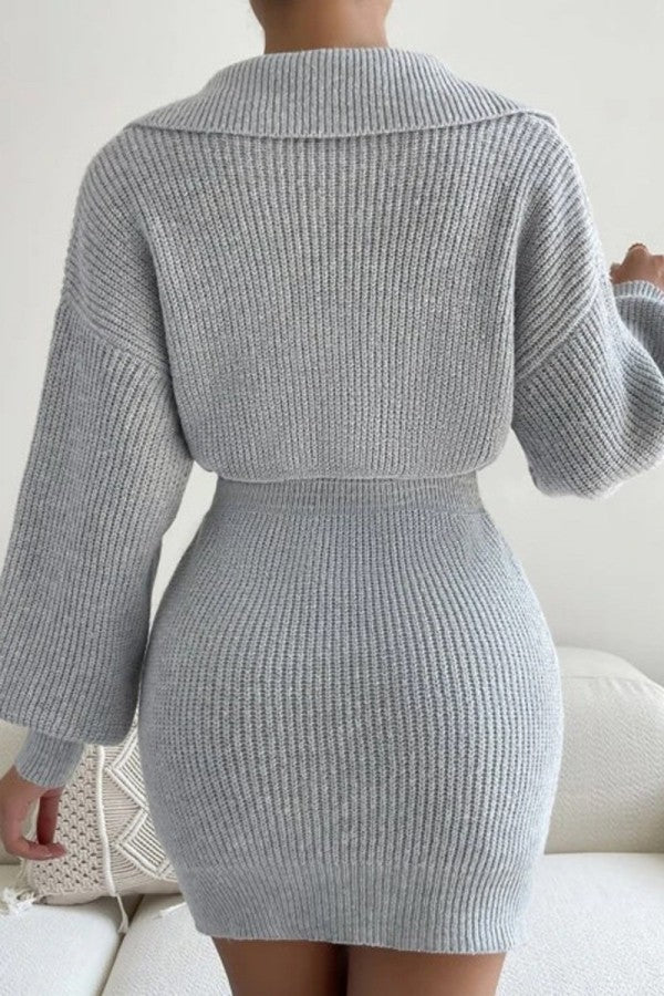 Aovica- Grey Casual Solid Patchwork Turndown Collar Long Sleeve Dresses