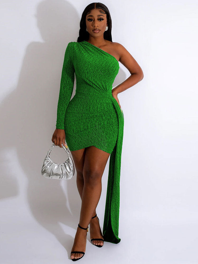 AOVICA-Bodycon One Shoulder Long Sleeve Ruched Mini Dresses