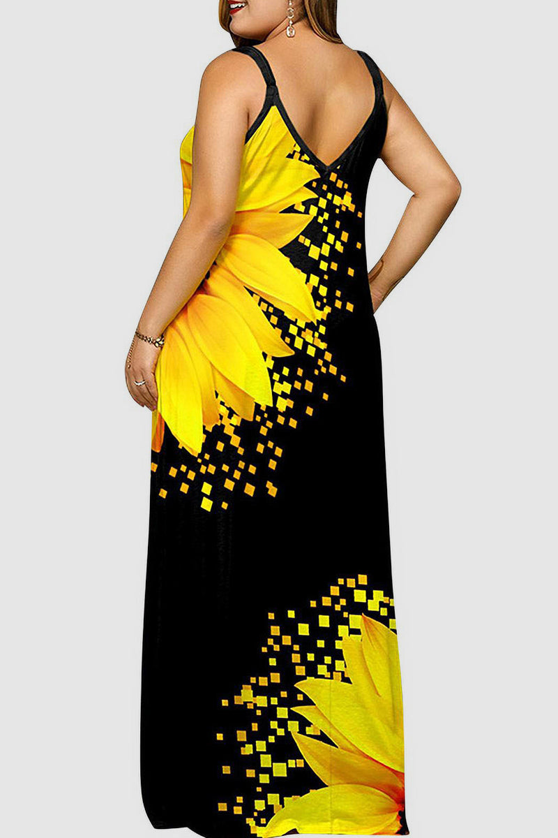 Black Yellow Casual Print Backless Spaghetti Strap Long Dress Dresses