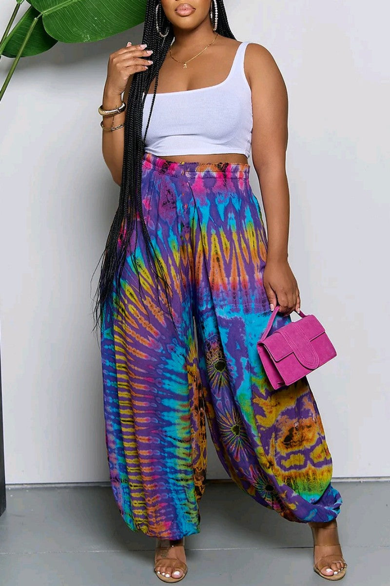 Fuchsia Casual Print Basic Plus Size High Waist Trousers