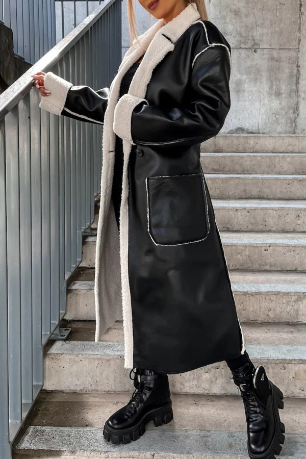 Aovica - Black Elegant College Solid Frenulum With Belt Solid Color Turndown Collar Outerwear