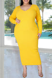 Earth Yellow Fashion Casual Solid Basic V Neck Long Sleeve Plus Size Dresses