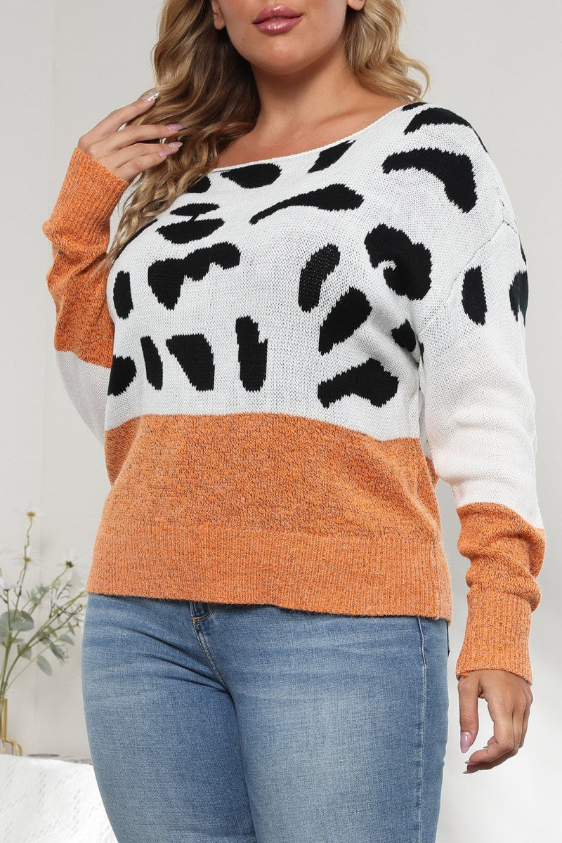 Orange Casual Leopard Patchwork O Neck Plus Size Tops