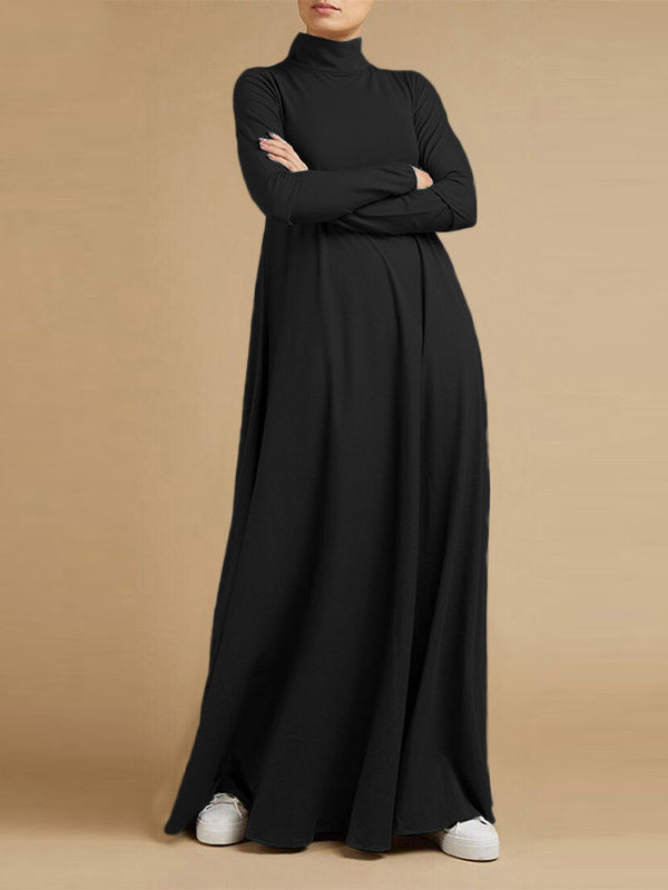 Aovica-Casual Loose 4 Colors High-Neck Long Sleeves Maxi Dress
