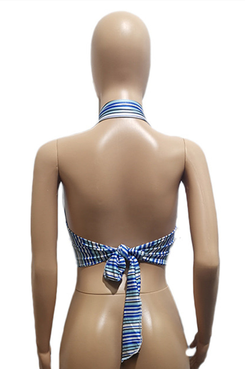 Aovica- Blue Fashion Sexy Striped Print Bandage Backless Halter Tops