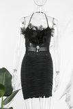 AovicaBlack Sexy Solid Patchwork Feathers Fold Halter Pencil Skirt Dresses