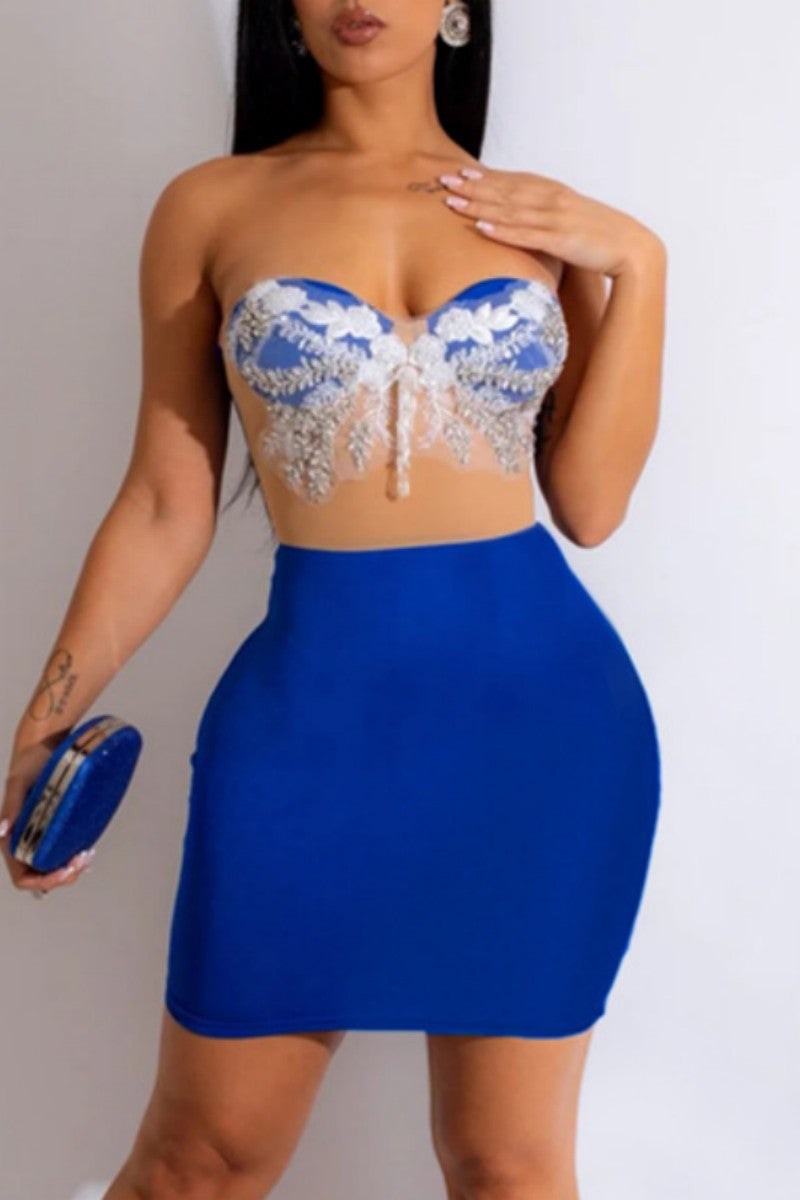 AovicaBlue Sexy Patchwork Backless Strapless Wrapped Skirt Dresses