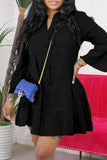 Aovica- Black Casual Solid Patchwork Long Sleeve Dresses