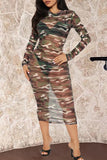 Aovica- Camouflage Casual Camouflage Print See-through Half A Turtleneck Long Sleeve Dresses