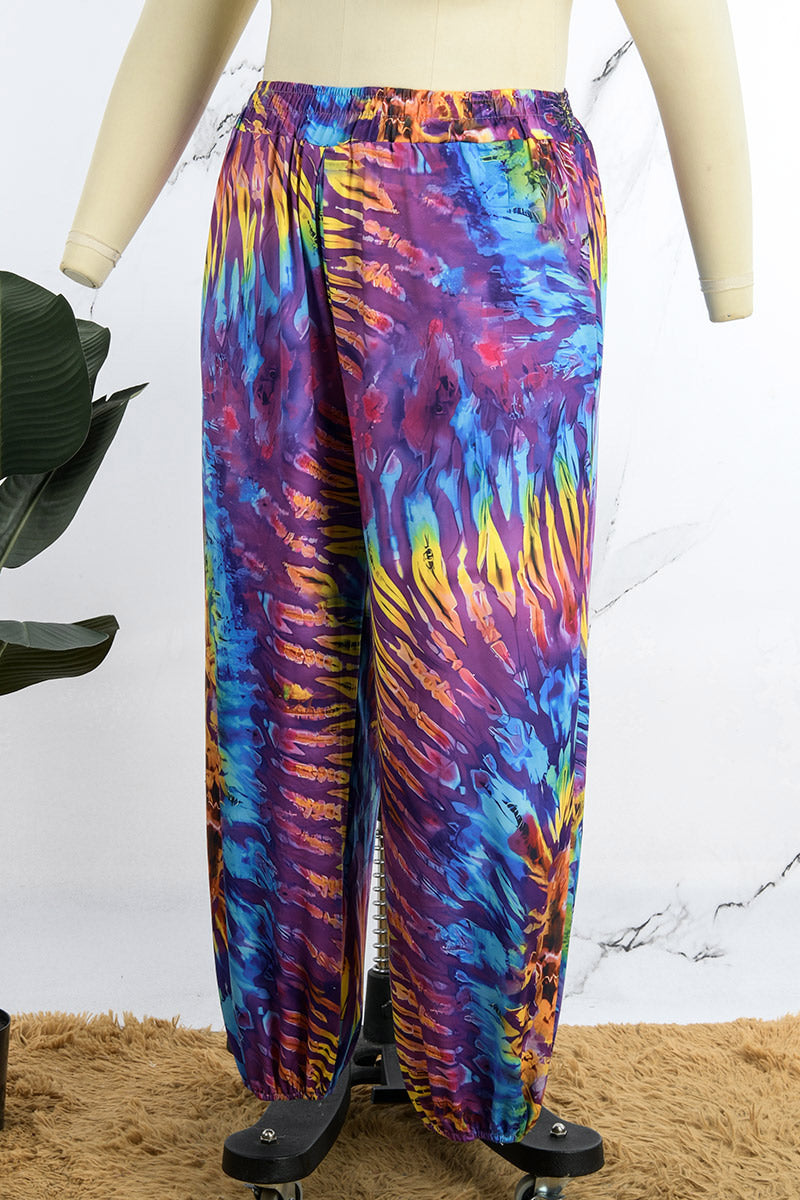 Sky Blue Casual Print Basic Plus Size High Waist Trousers