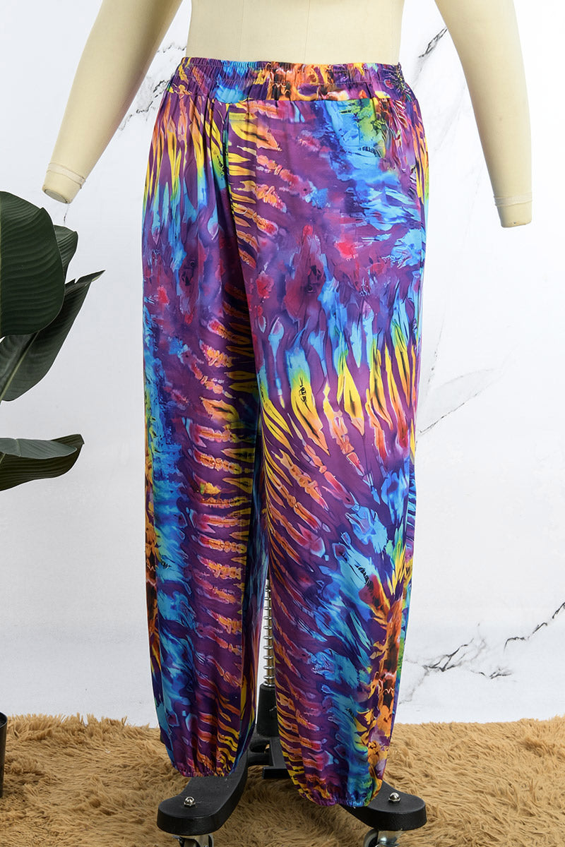 Yellow Casual Print Basic Plus Size High Waist Trousers