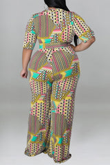 Yellow Casual Print Patchwork V Neck Plus Size Jumpsuits