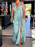 Aovica-Sleeveless Floral Printed Split-Side V-Neck Maxi Dresses