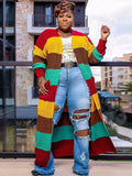 Aovica-Plus Size Color Block Long Sleeve Sweater Cardigan