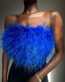 AOVICA-2024 Spring Summer Outfits  Blue Sexy Solid Patchwork Feathers Strapless Tops