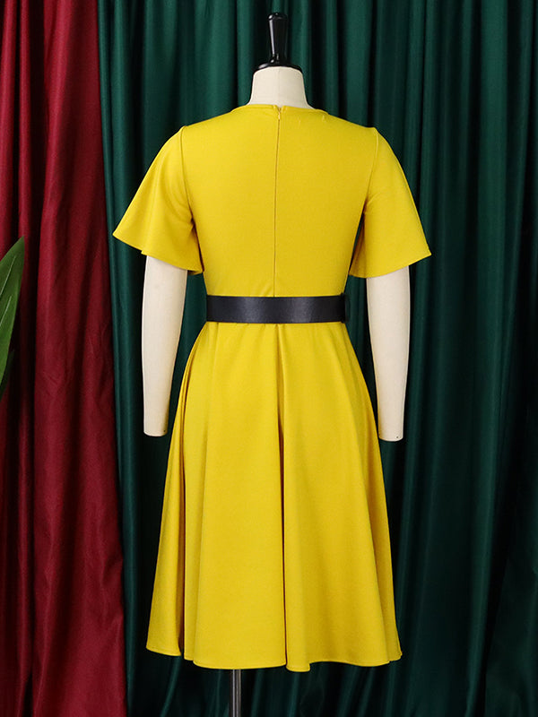 Aovica-Irregular Clipping Plus Size Belted Solid Color Round-Neck Midi Dresses