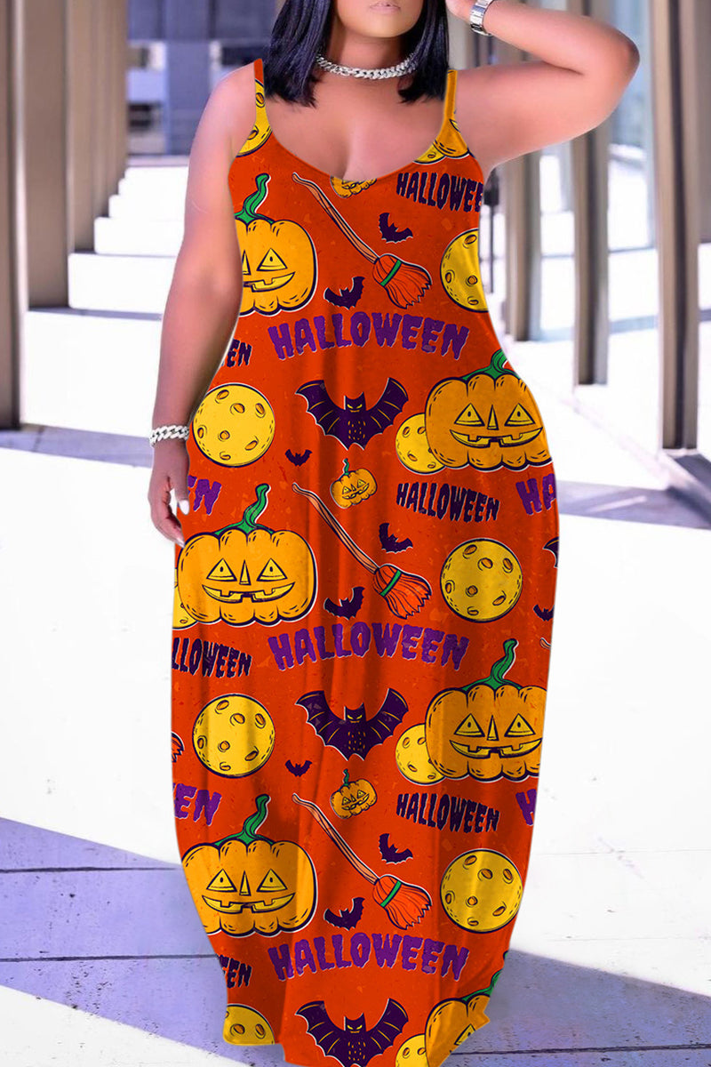 Halloween Costume Yellow Casual Print Backless Spaghetti Strap Long Dress Dresses