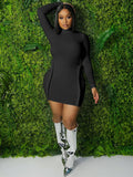 AOVICA-Long Sleeve Solid Color Bodycon Mini Dresses