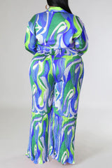 Blue Casual Print Frenulum Turndown Collar Plus Size Two Pieces