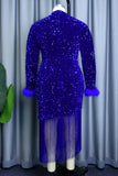 Aovica- Blue Party Formal Patchwork Tassel Sequins Half A Turtleneck Long Sleeve Dresses