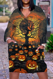 Halloween Costume Orange Casual Print V Neck Long Sleeve Dresses