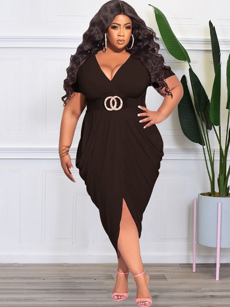 AOVICA-Plus Size Short Sleeve Ruched Bodycon Midi Dresses