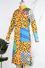 Aovica- Yellow Casual Print Patchwork Mandarin Collar Long Sleeve Dresses