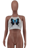 Aovica- White Sexy Butterfly Print Patchwork Halter Tops