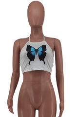 AOVICA-2024 Spring Summer Outfits  White Sexy Butterfly Print Patchwork Halter Tops