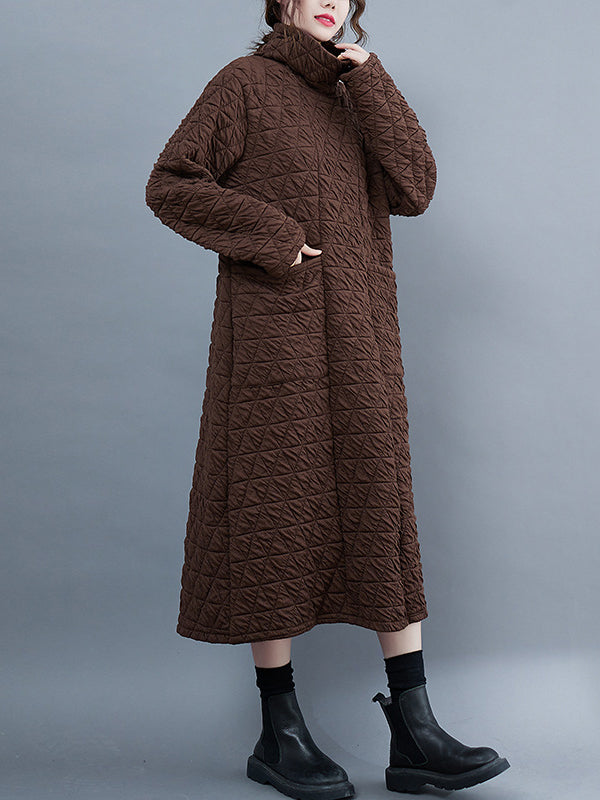 Aovica-Casual Long Sleeves Loose Solid Color Textured High-Neck Cotton Padded Midi Dresses