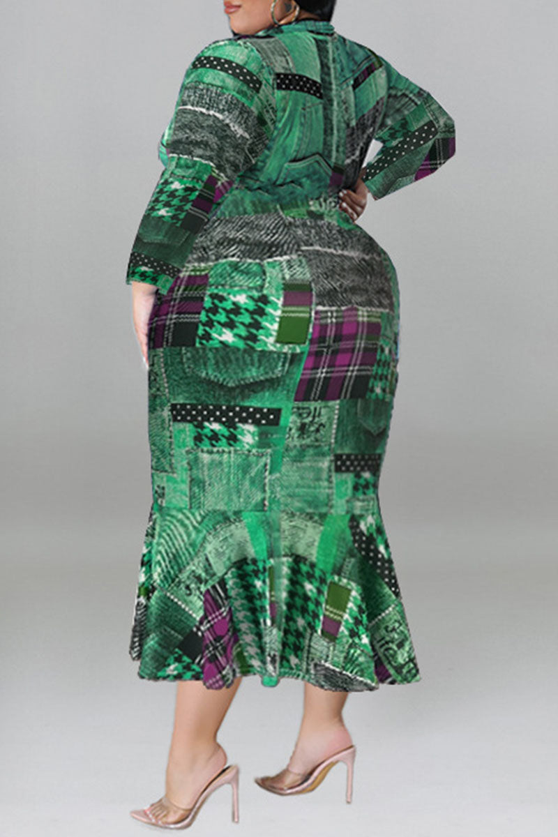 Green Casual Print Patchwork Turndown Collar Long Sleeve Plus Size Dresses