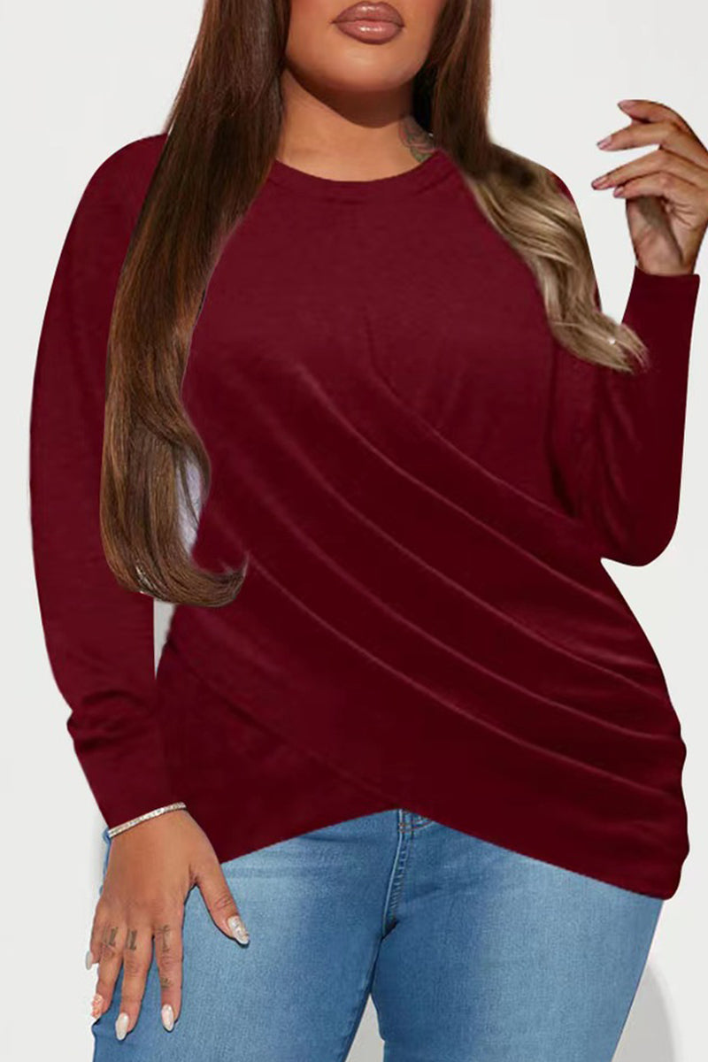 Burgundy Casual Solid Patchwork O Neck Plus Size Tops