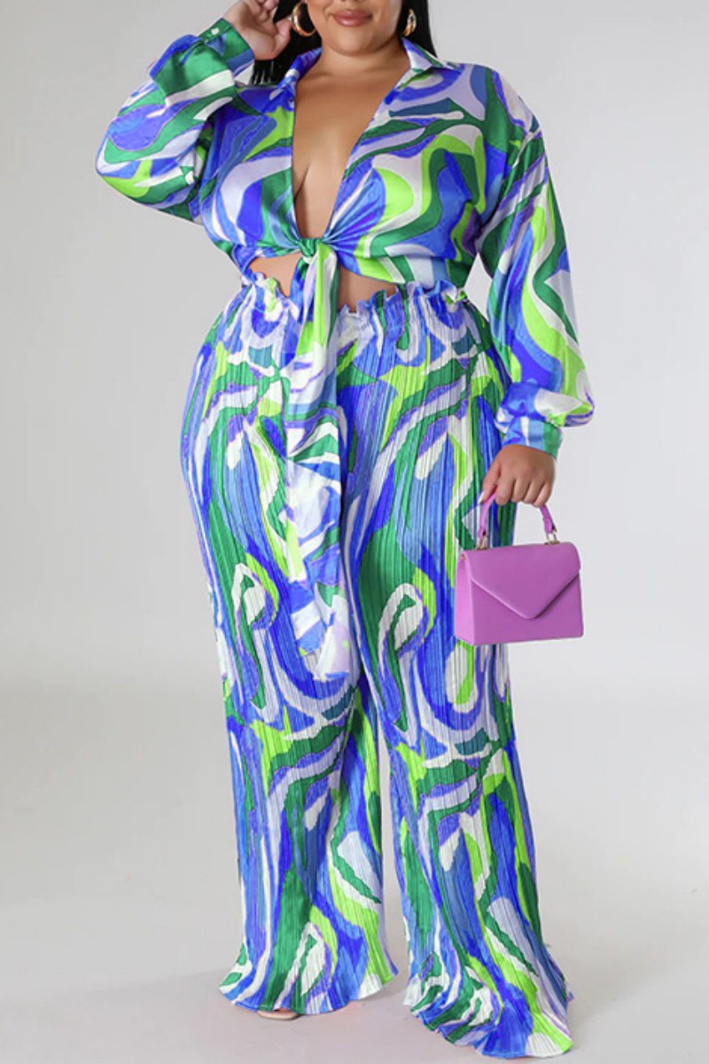 Blue Casual Print Frenulum Turndown Collar Plus Size Two Pieces