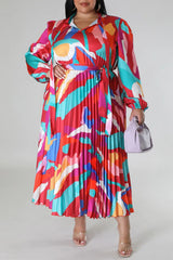 Red Casual Print Frenulum Pleated O Neck Long Sleeve Plus Size Dresses