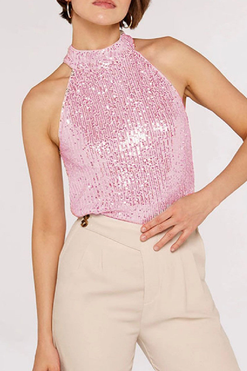 Aovica- Pink Casual Patchwork Hollowed Out Sequins Half A Turtleneck Tops