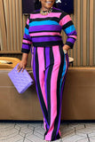 Purple Casual Sweet Striped Patchwork Pocket Contrast O Neck Plus Size Two Pieces