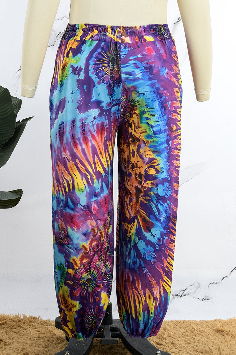 Green Yellow Casual Print Basic Plus Size High Waist Trousers