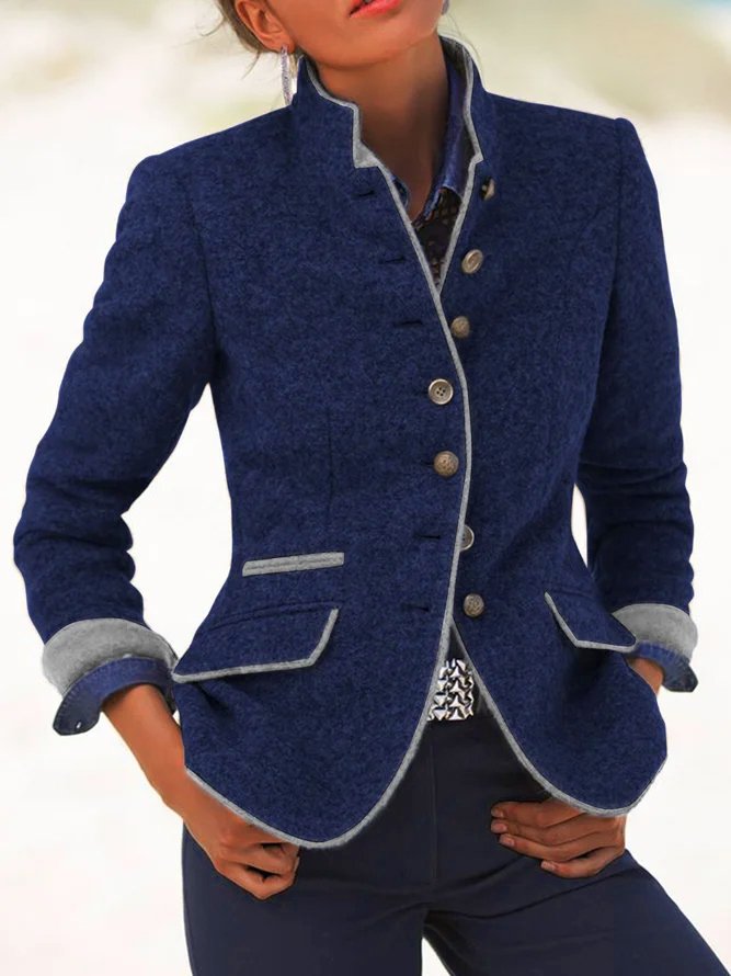 Aovica-zolucky Solid Vintage Blazer Stand Collar Jacket